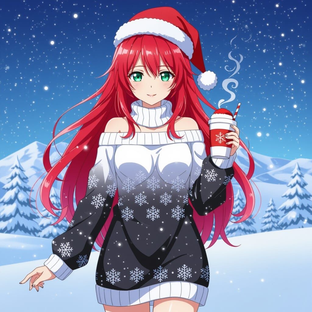 Anime Woman in Snowflake Dress with Festive Cup
