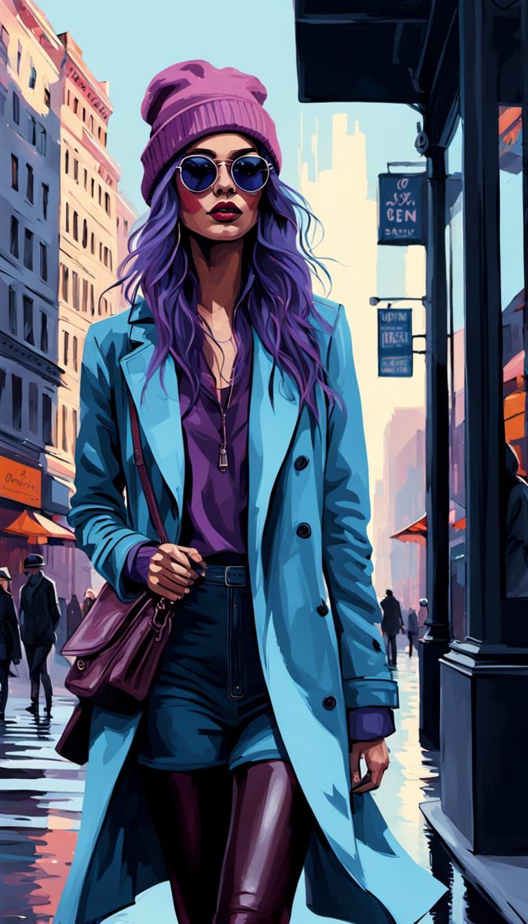 Urban Boho Goddess Strides Through City Streets in Hyperreal...