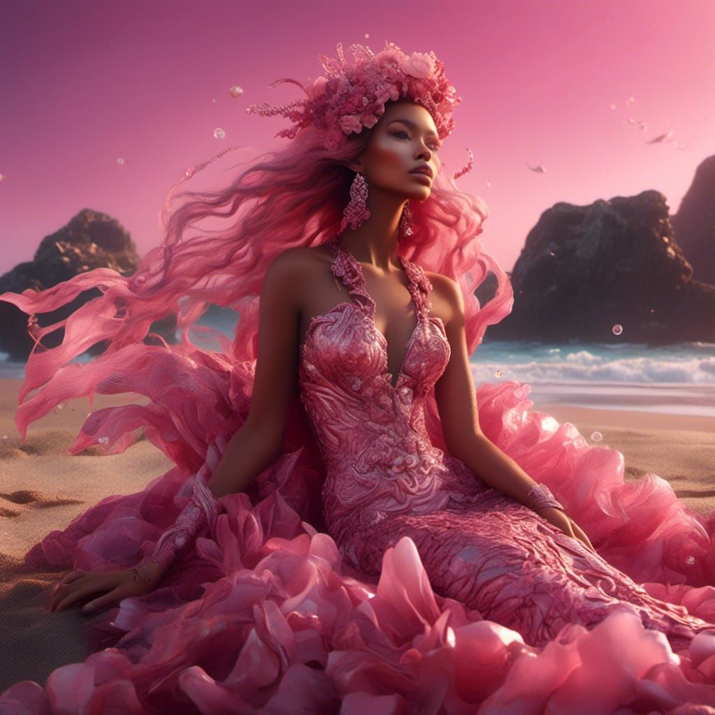 High Fashion Mermaid Goddess Lounging on the Beach