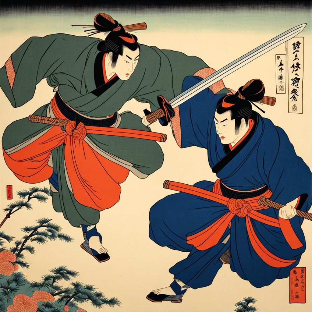 Samurai Sword Fight in Ukiyo-e Style