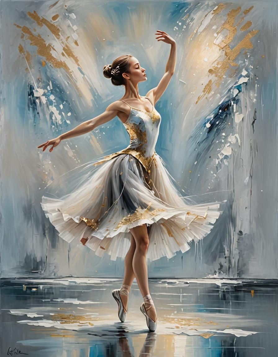 Ballerina in White Tutu: Oil Painting with Gold Accents