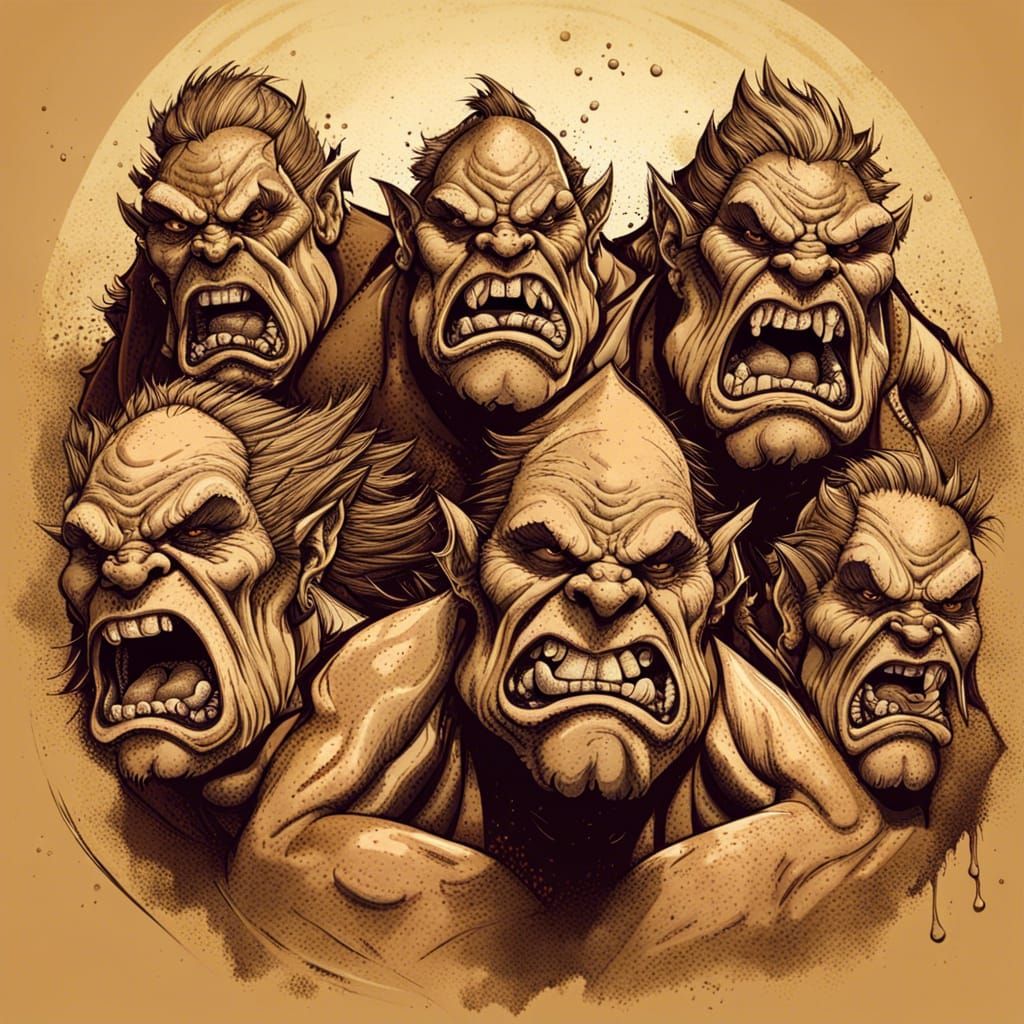 Hand-Drawn Ogres Roaring in Pen and Ink Style