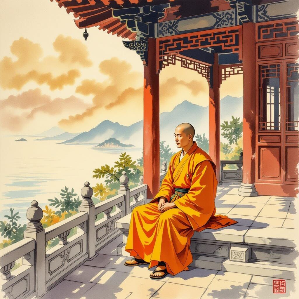 Shaolin Monk Meditates by Sea in Vintage Chinese Painting
