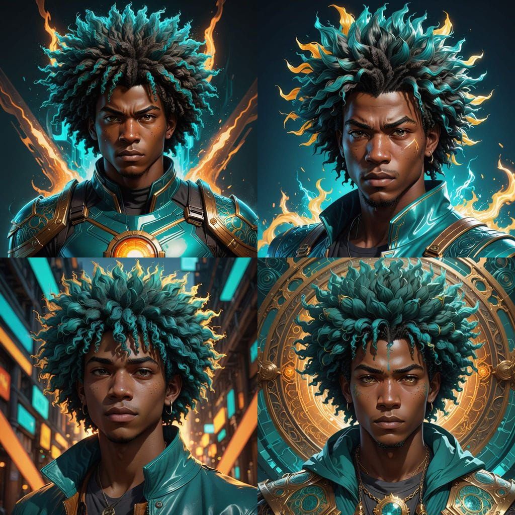 African American Teenager in Teal Afro Super Saiyan Style