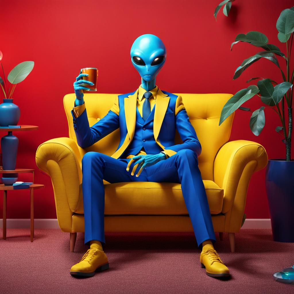 Blue Alien in Yellow Suit on Red Sofa
