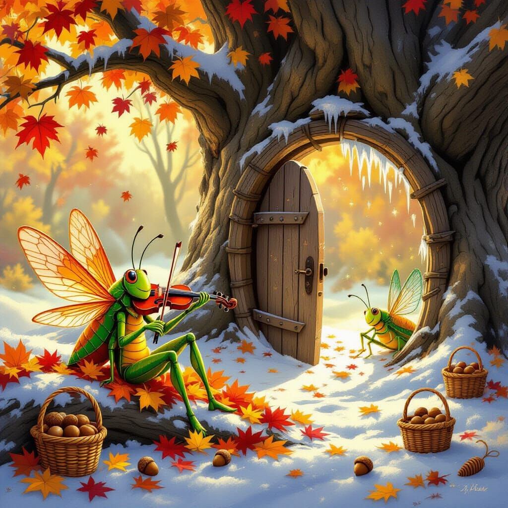 Autumn Grasshopper's Choice: Joyful Play to Winter Regret