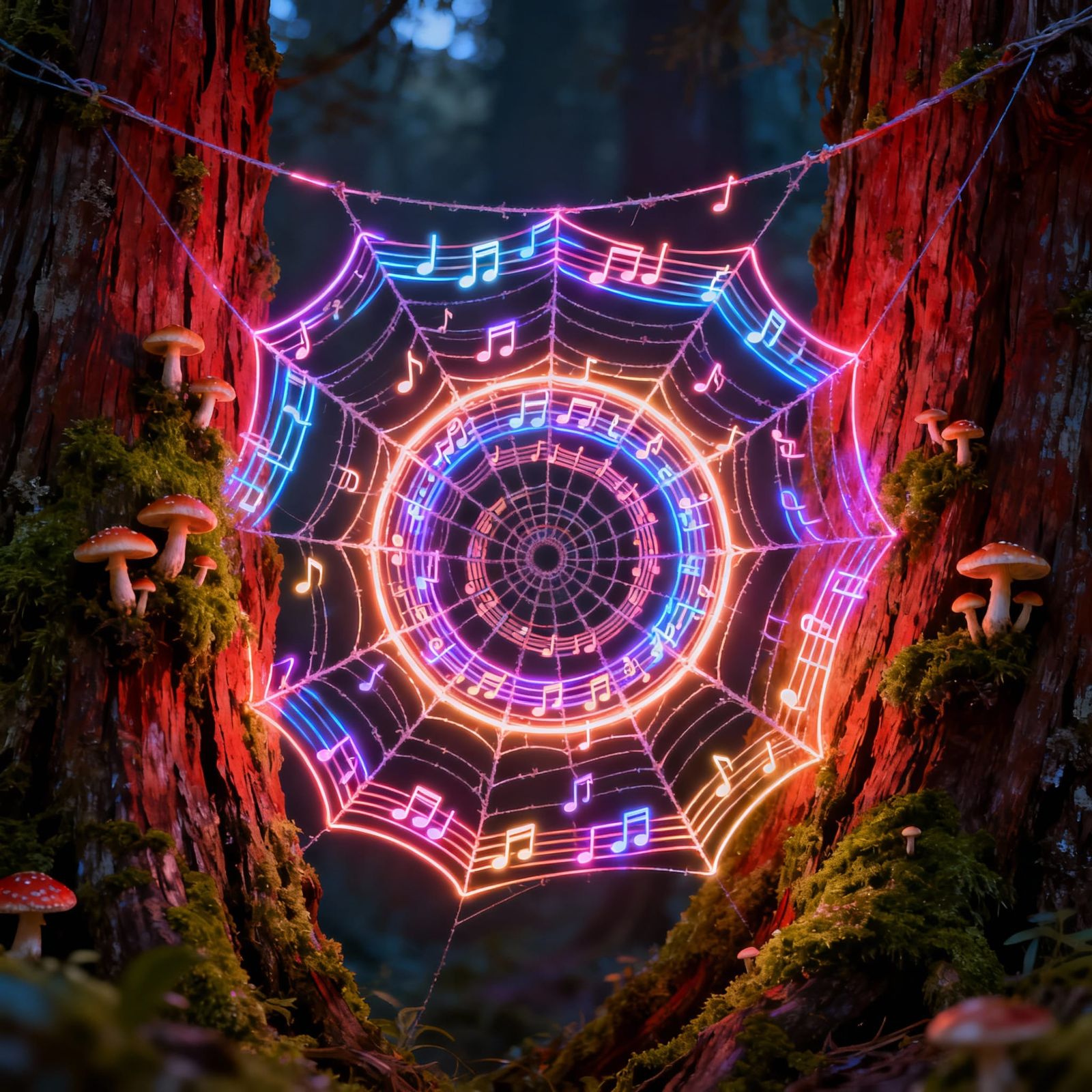 Glowing Neon Spiderweb of Musical Notes in Forest