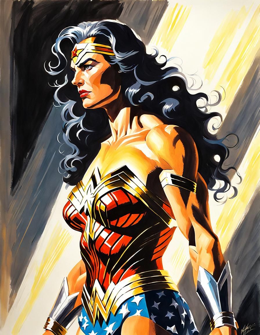 Elderly Wonder Woman Gouache Painting in Sunlight