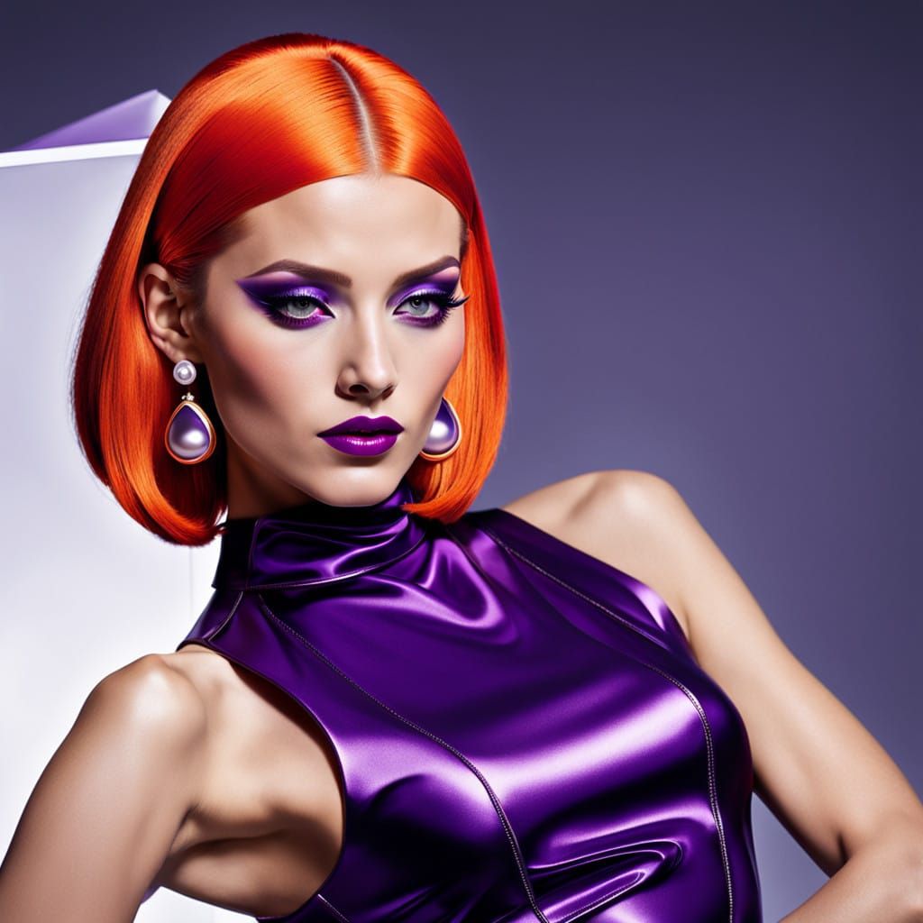 Futuristic Woman in Purple Attire with Bold Makeup and Acces...