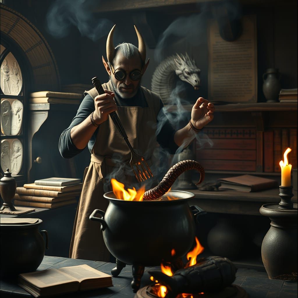 Dragonborn Alchemist Brews Potion in Castle Kitchen