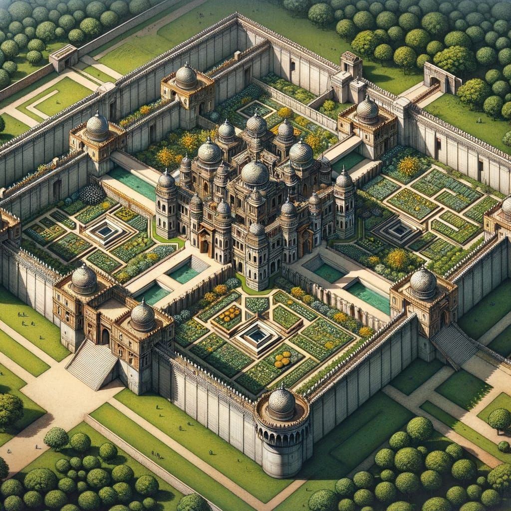 Medieval Castle Complex with Elegant Gardens and Courtyards