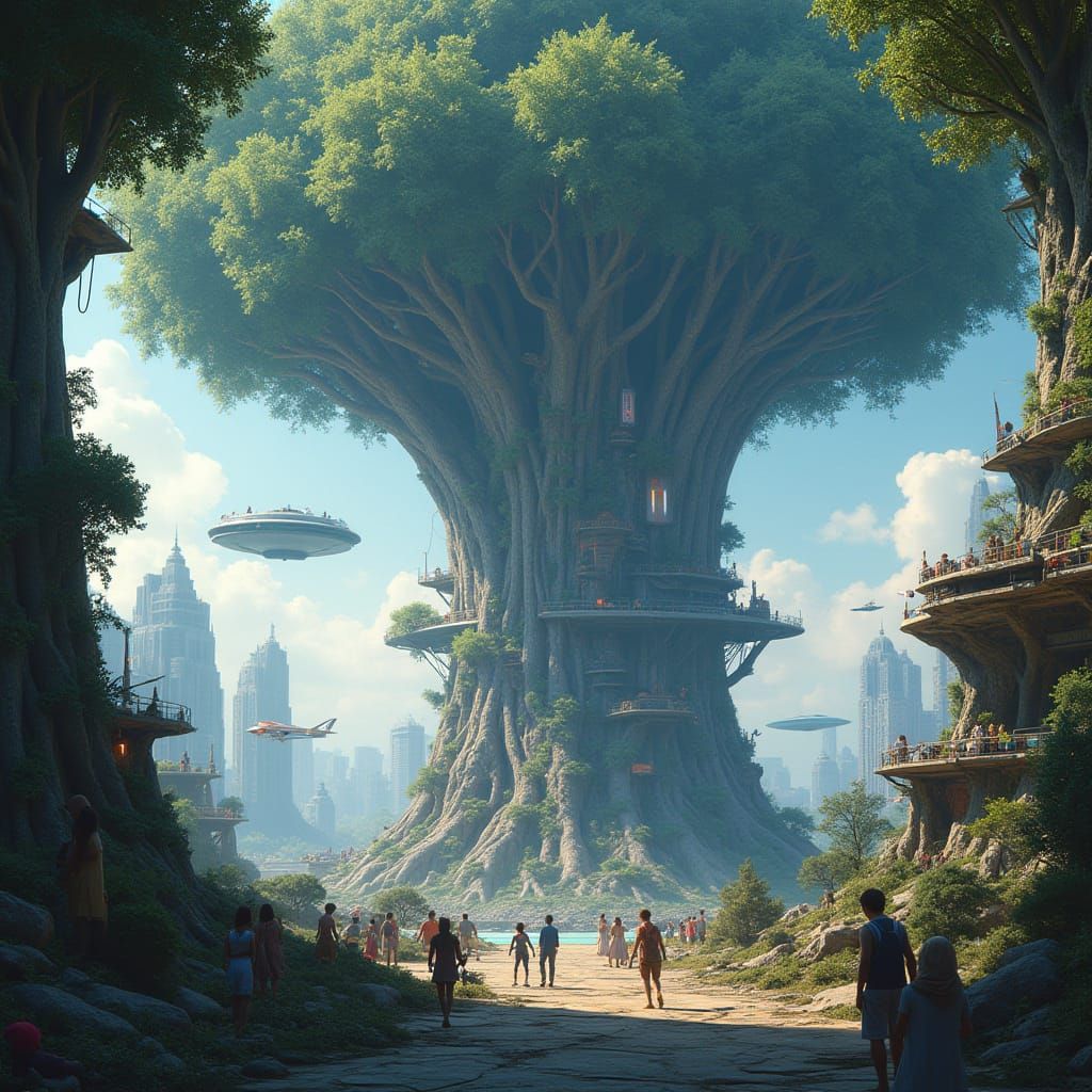 Futuristic City Integrated Within Giant Tree, Matte Painting