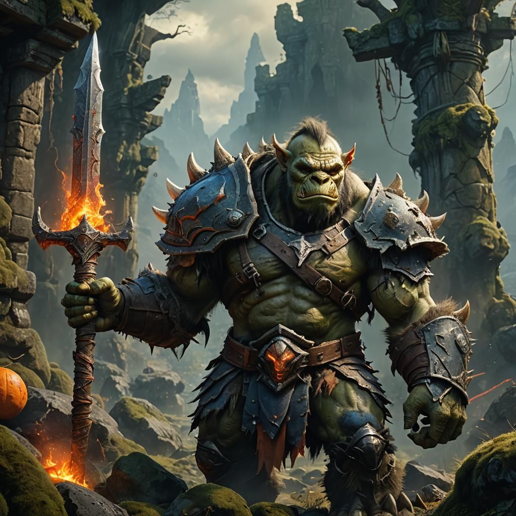 Armored Orc-Troll Wielding Battle Staff