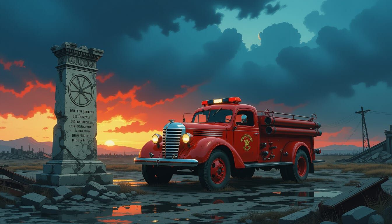 Antique Fire Truck in Post-Apocalyptic Wasteland
