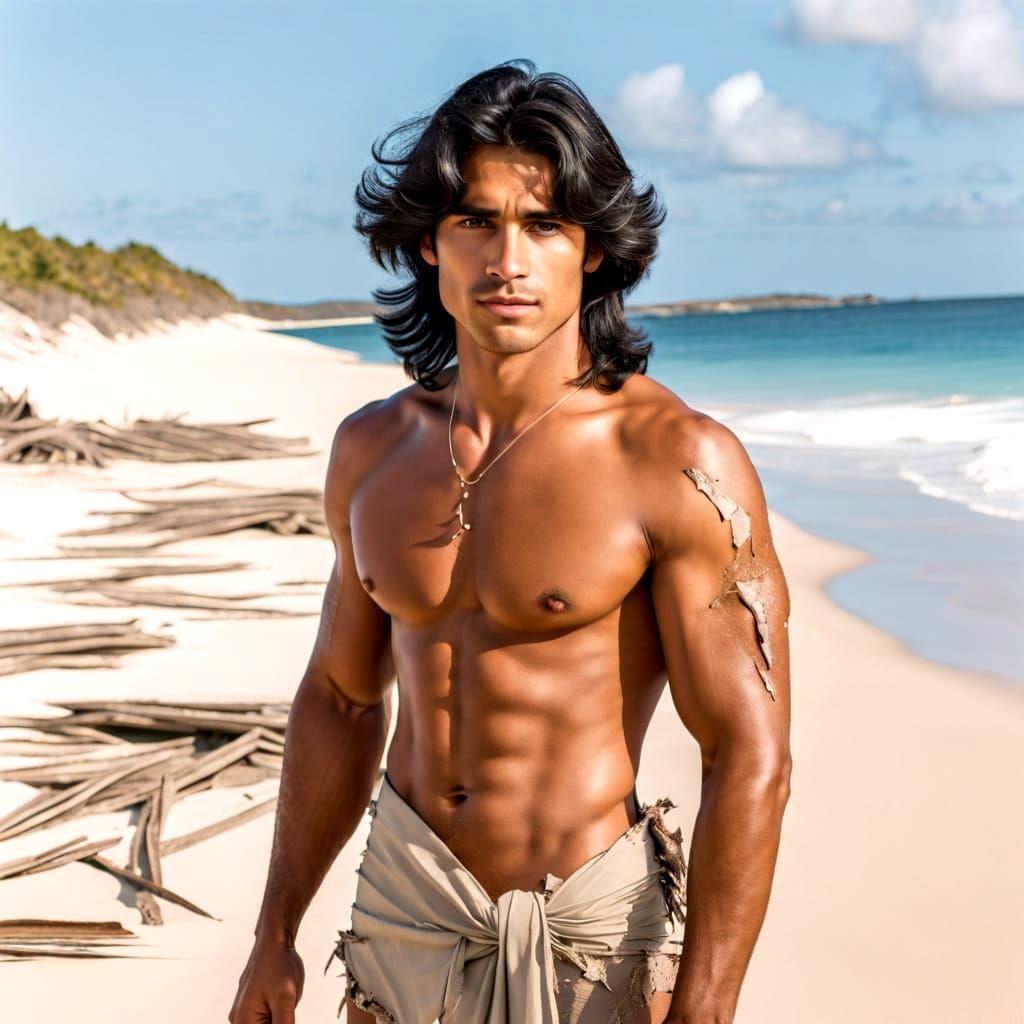 Latino Man Stranded on Sandy Beach