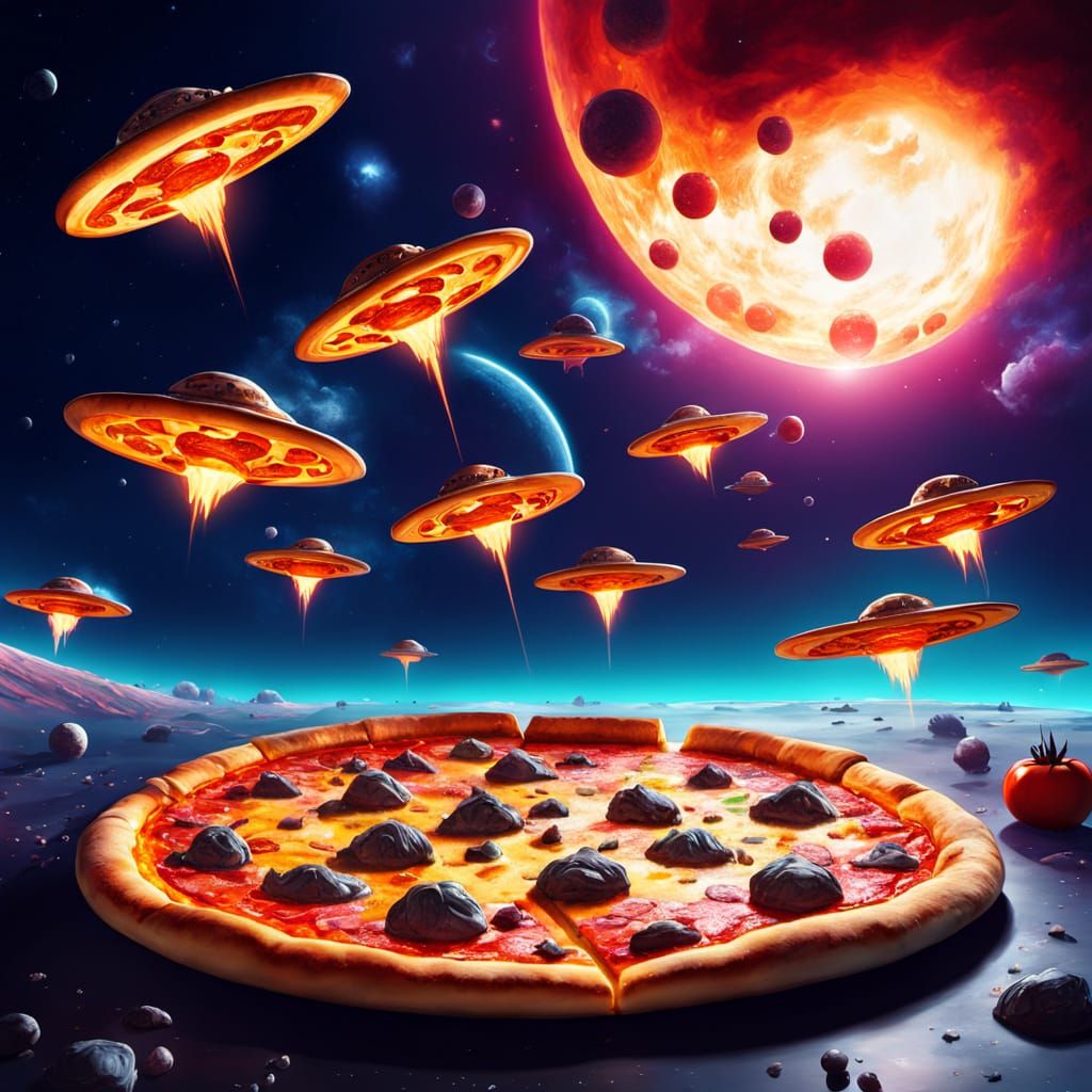 Futuristic Pizza Spaceships Fly Through Galactic Storm