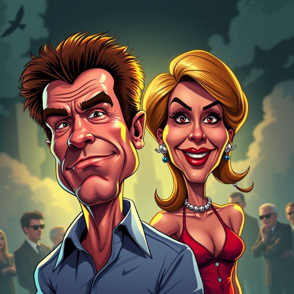 Cartoon Arnold shwarzenegger and Maria shriver Cinematic film still, shot on v-raptor XL, film grain, vignette, color gr...