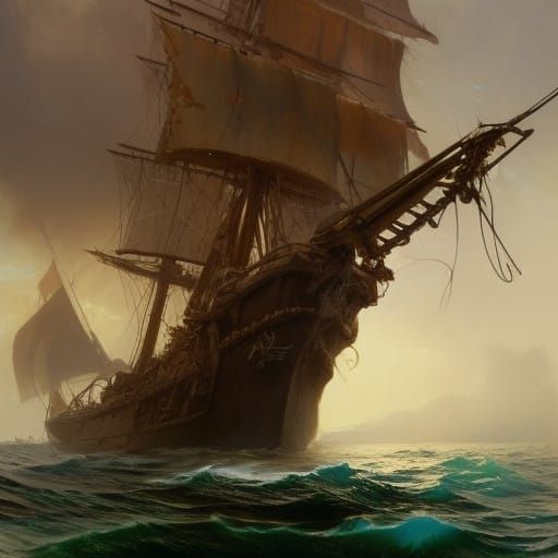 Pirate Ship Battle in Style of Bierstadt