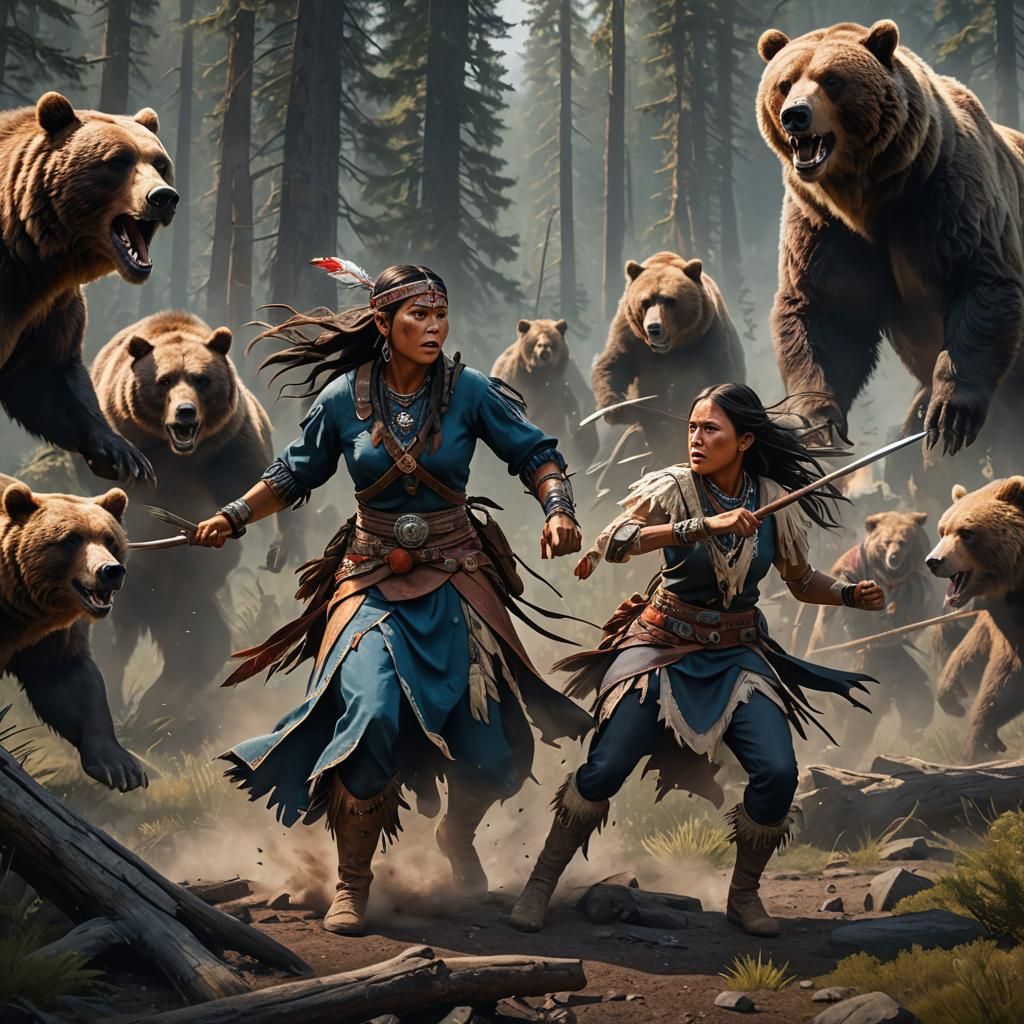 Native American and Colonial Woman Fighting Grizzly