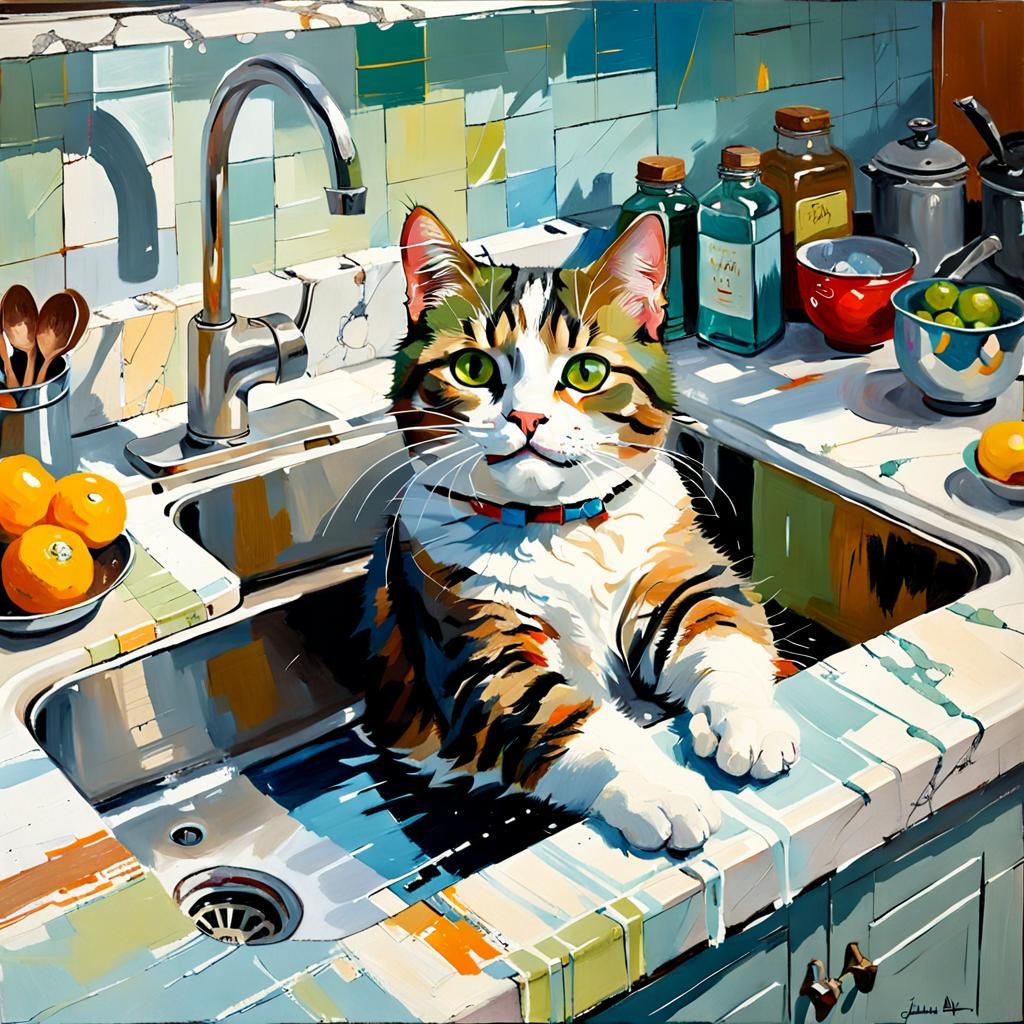 Cat Relaxing in Marble Kitchen: Oil Painting