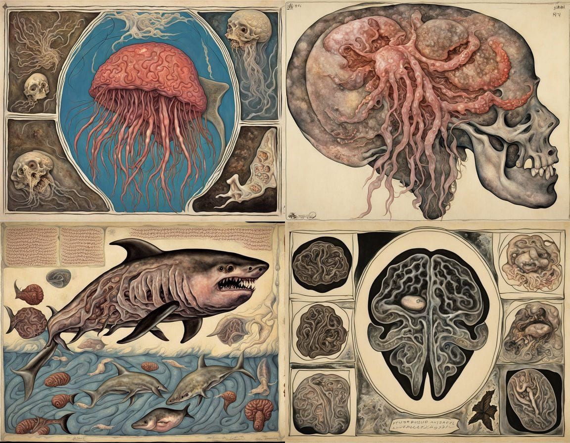 Horrific Jellyfish-Shark Hybrid Brain in Cubist Style