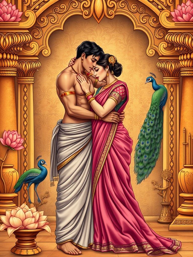 Create an artistic depiction of an ancient Kamasutra scene inspired by classical Indian art. The illustration should fea...