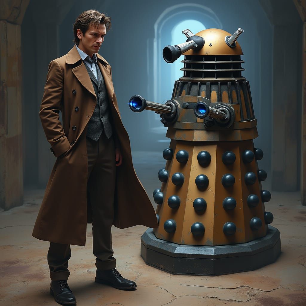 Tenth Doctor Confronts a Dalek with Sonic Screwdriver