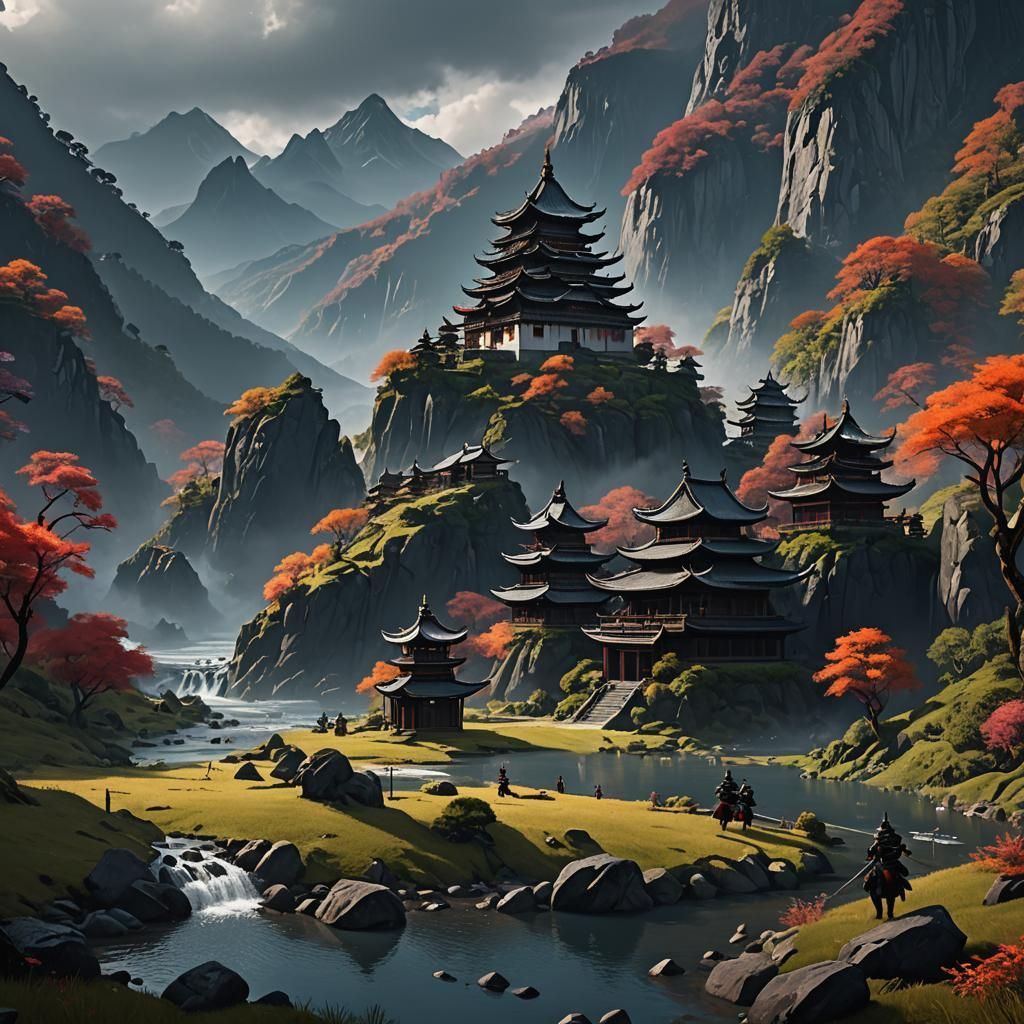 Black Samurai Training in Figi Mountains: Fantasy Art