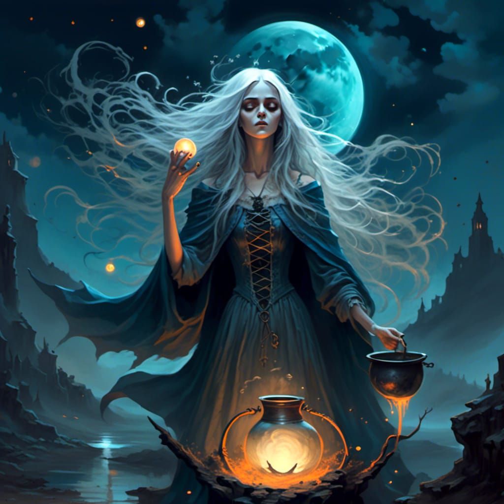Mystic Witch Casting Spells Under Full Moon