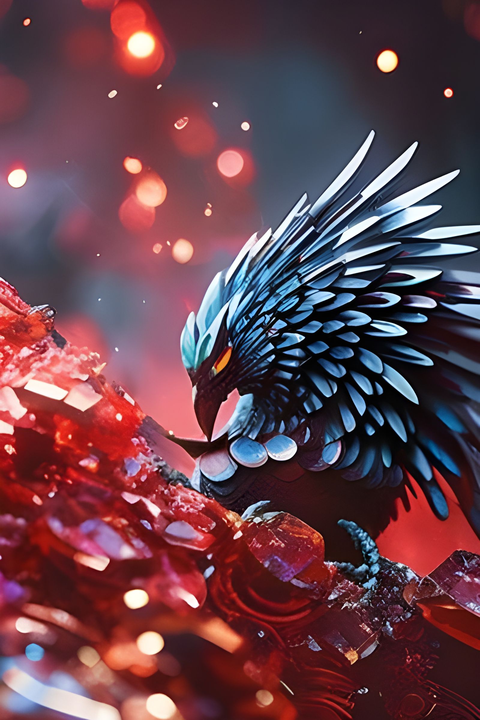 Reflective Red Ice Hawk in Dark Lair