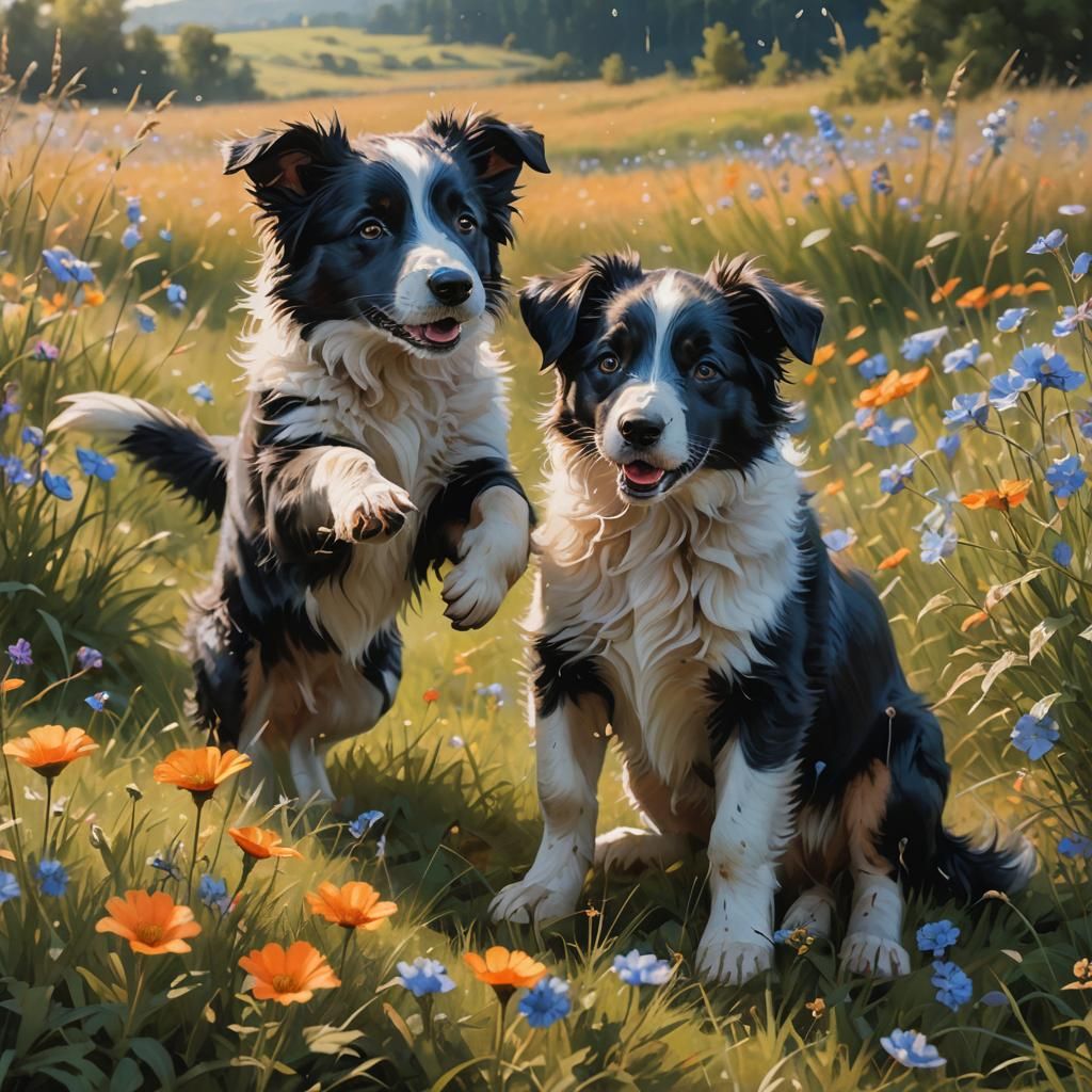 Border Collie Puppies in a Fantasy Landscape