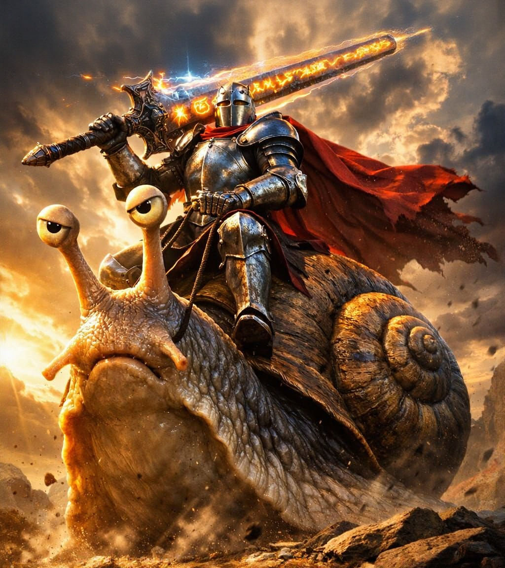Knight on Giant Snail in Epic Fantasy Landscape