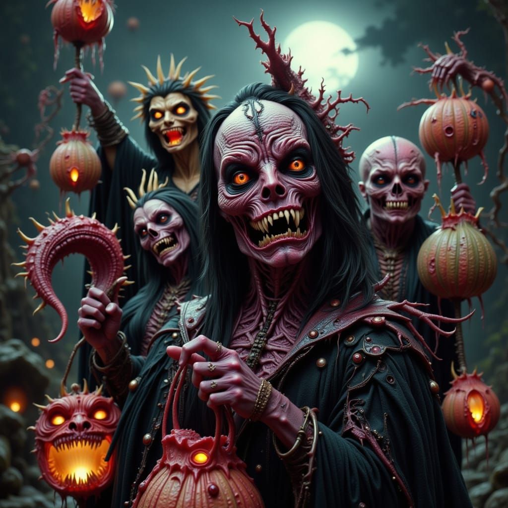 Vampiric Monsters Trick-or-Treating in Detailed Halloween Sc...