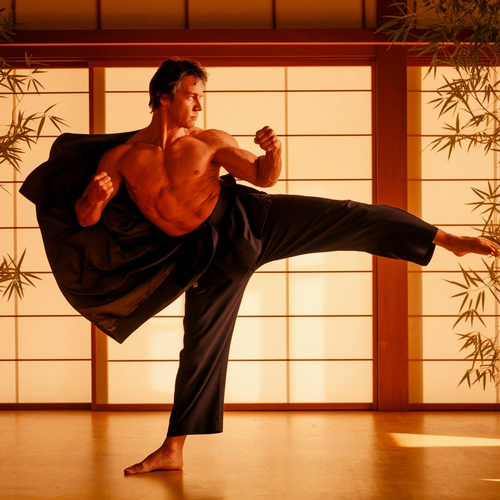 Bruce Wayne's Karate Kick in Warmly Lit Dojo