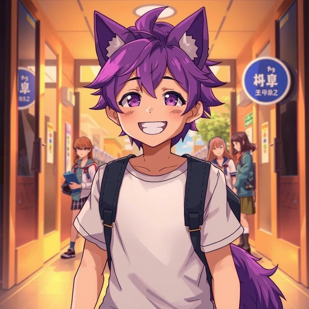 Anime Teen Boy with Purple Hair in Studio Trigger Style