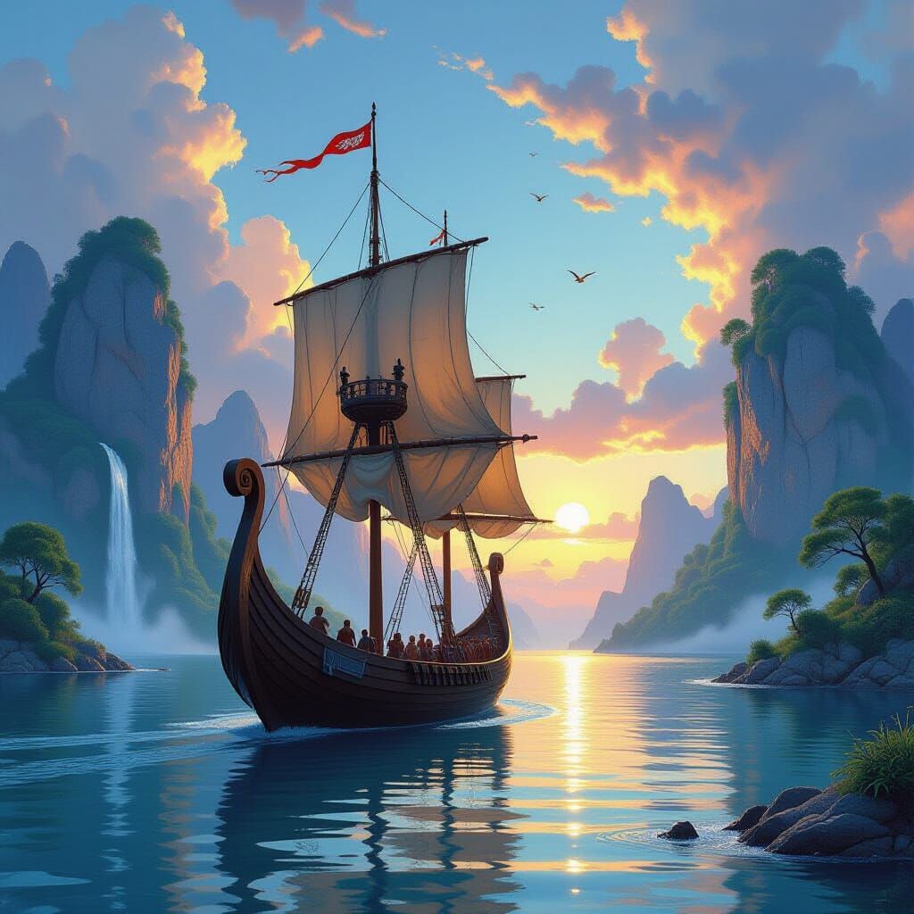 Viking Dragon Ship Among Floating Islands