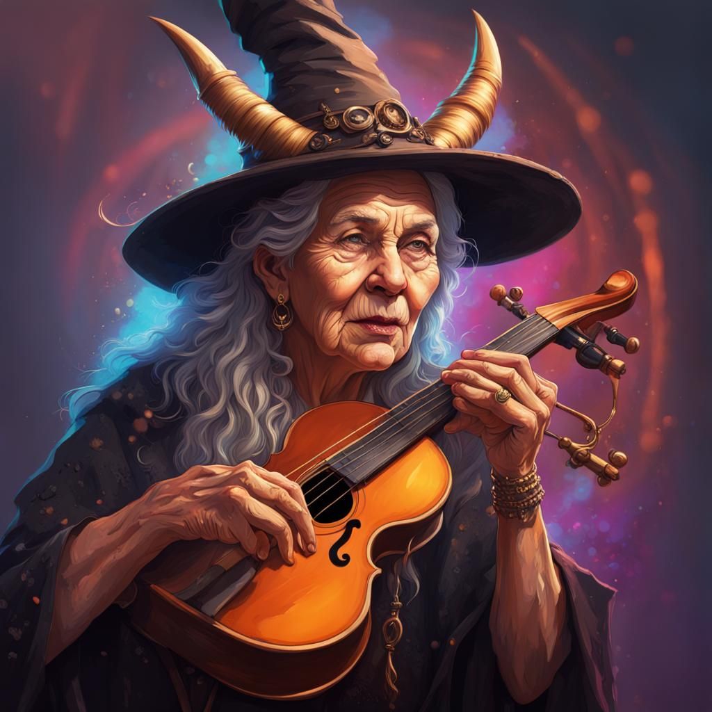 Horned Witch with Instrument: Hyperrealistic Splash Art