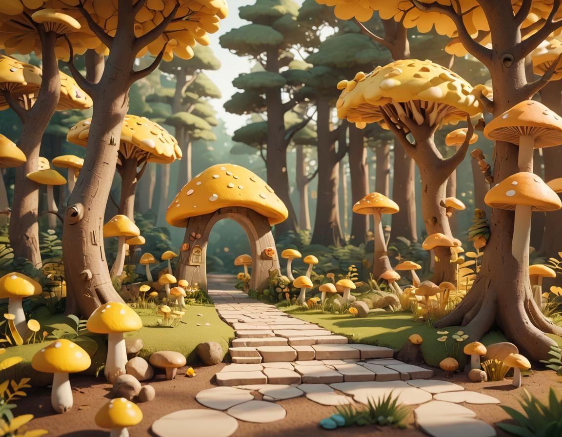 Cartoon Forest Scene with Yellow Podium in C4D Style