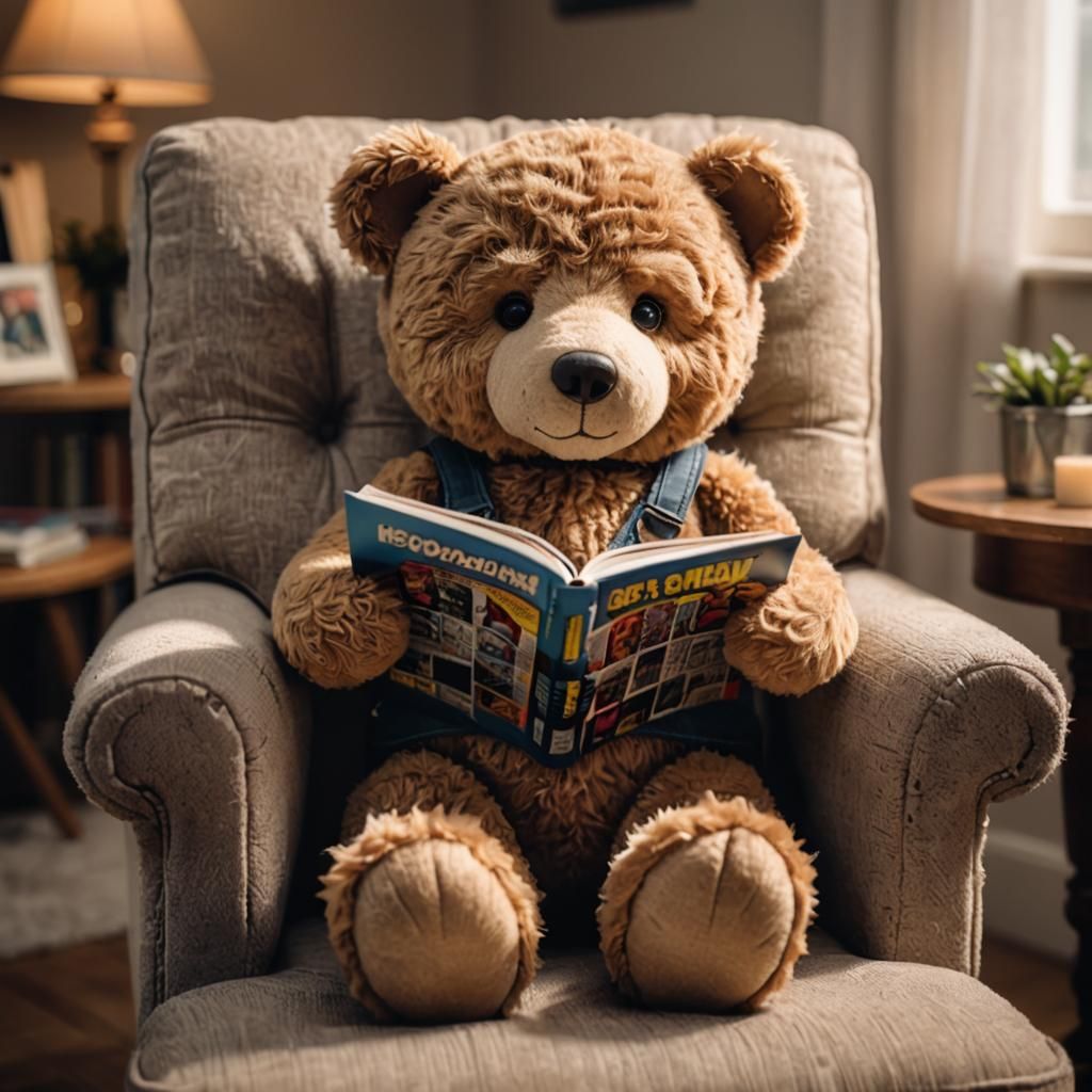 Teddy Bear Reading Comic Book in Armchair