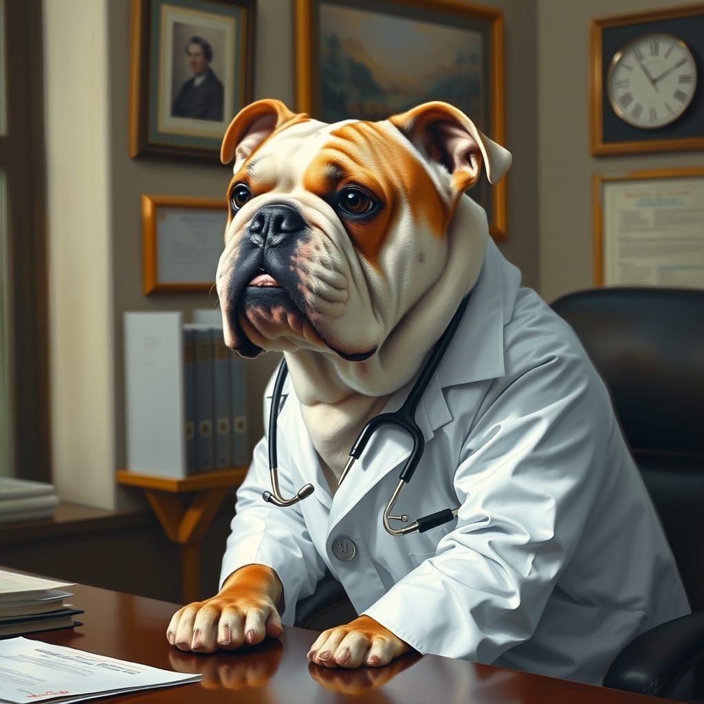 Bulldog Doctor in Baroque Oil Painting