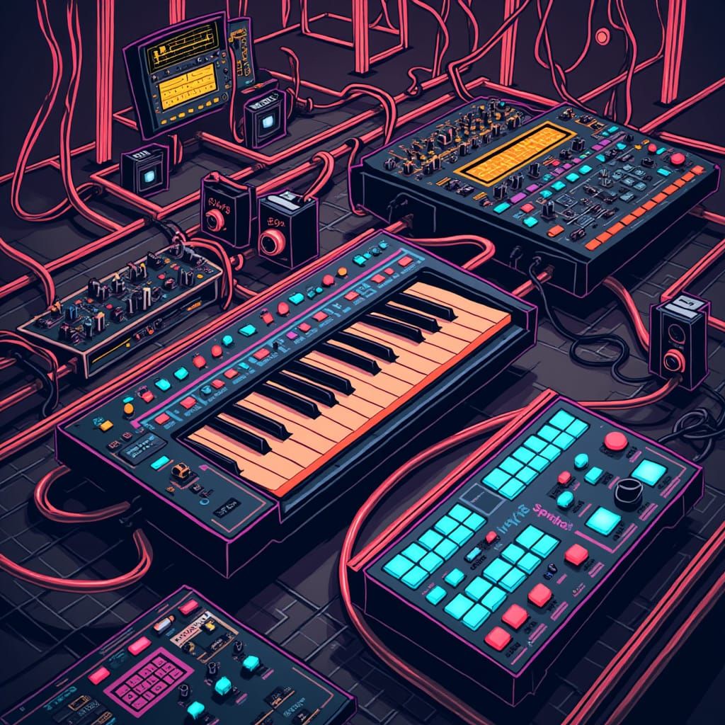 Retro-Futuristic Synthesizer Network in Neon Schematic Style