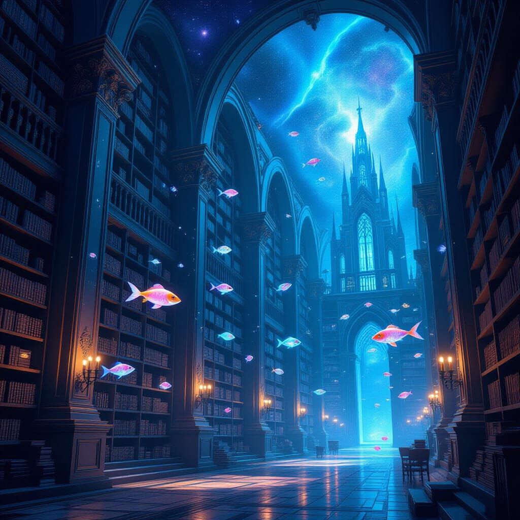 Cosmic Library in Nebula with Starry Aisles