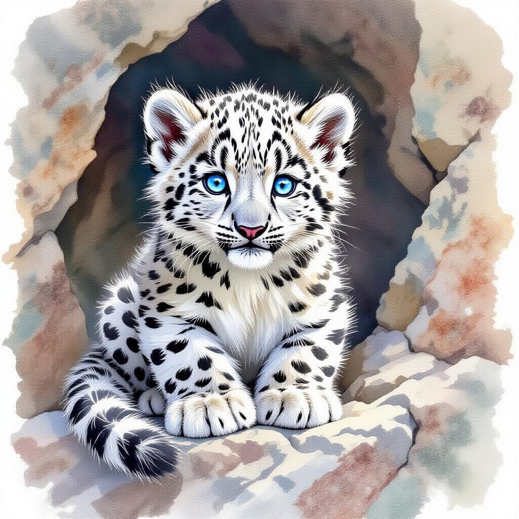 Adorable Snow Leopard Cub on Rocky Ledge in Watercolour