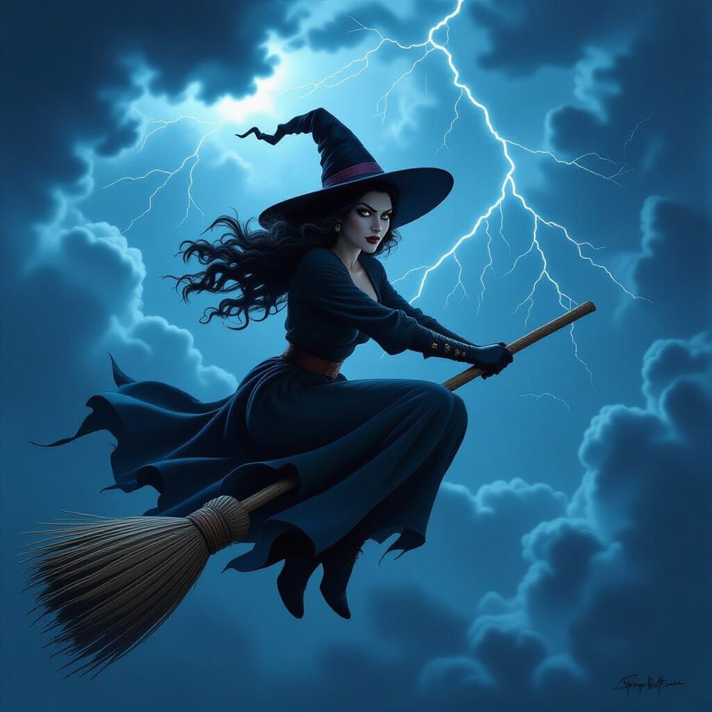 1940s Witch Flying Broomstick on Stormy Night