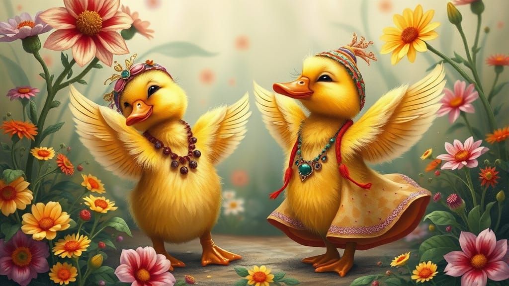Dancing Ducklings in Gypsy Attire, Whimsical Illustration