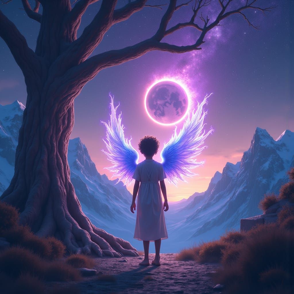 Radiant Boy in Violet Flame Starry Night Landscape