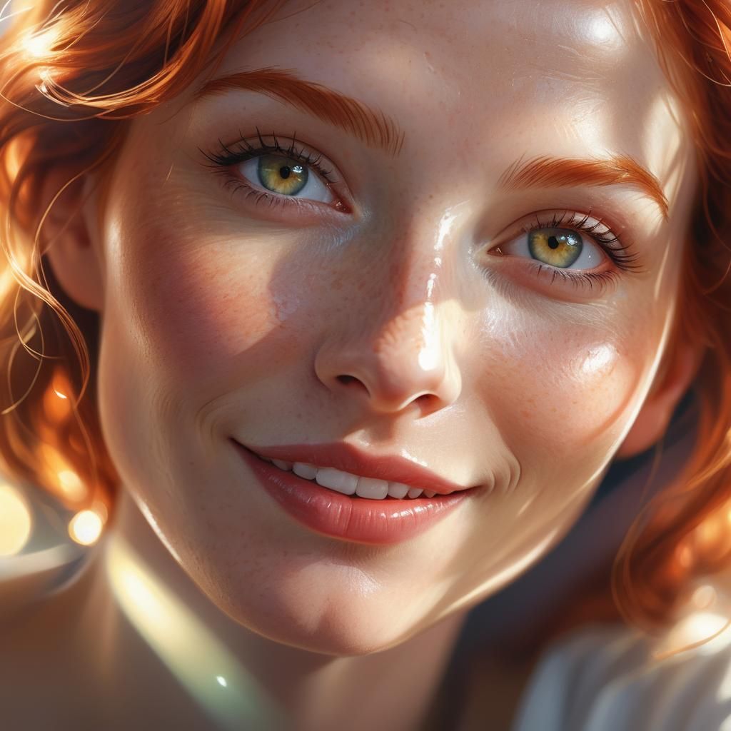 Redhead Portrait with Serene Smile, Hyperrealistic Digital A...
