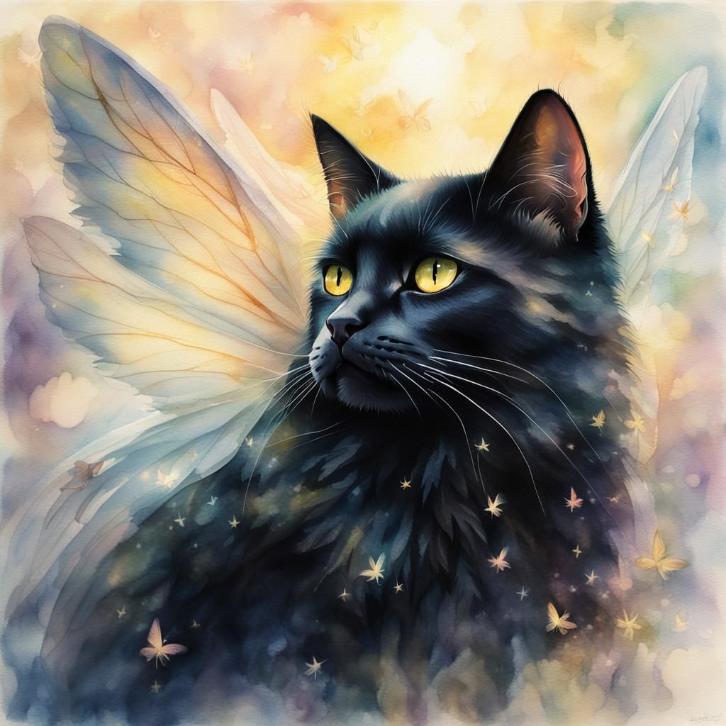 Fairy-Winged Black Cat in Dreamy Watercolor Style