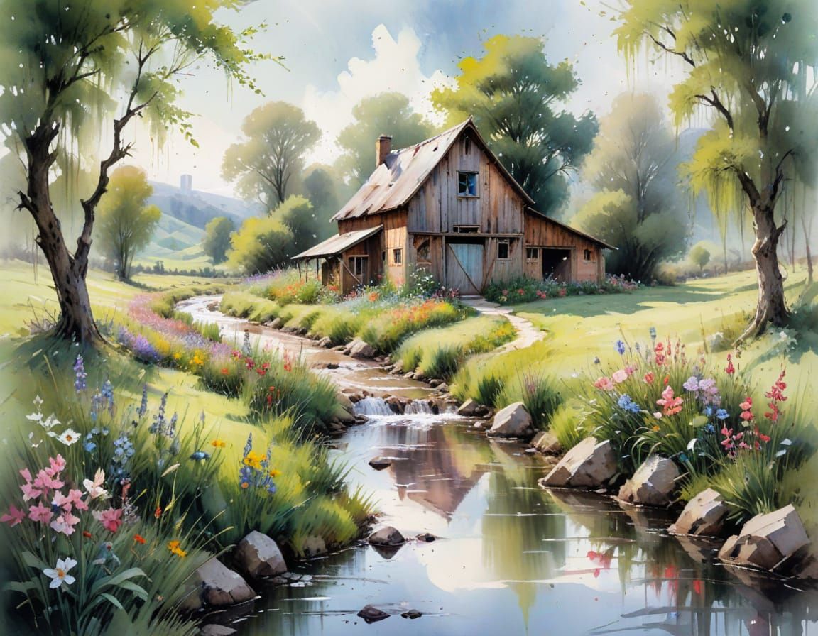 Spring Countryside Watercolour Painting