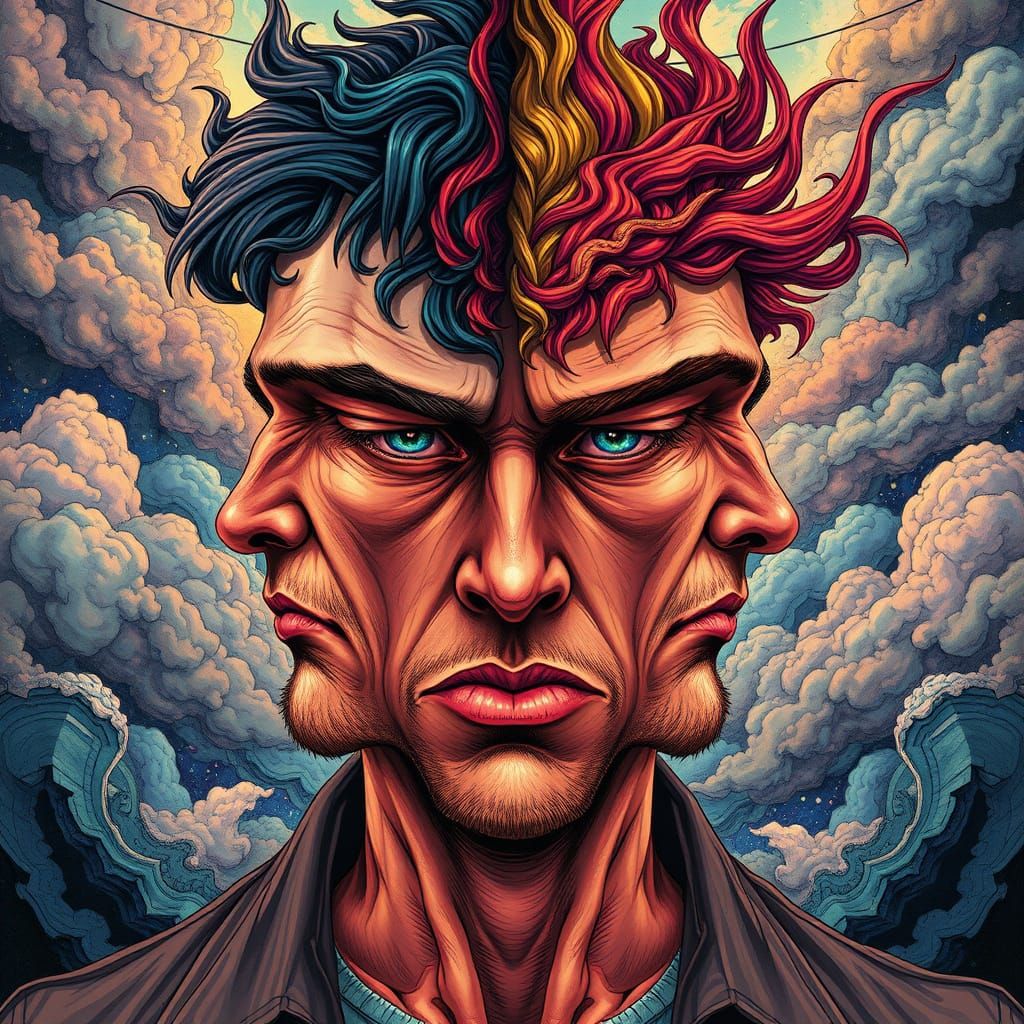 Surreal Portrait of Split Personality in Vibrant Art Nouveau...